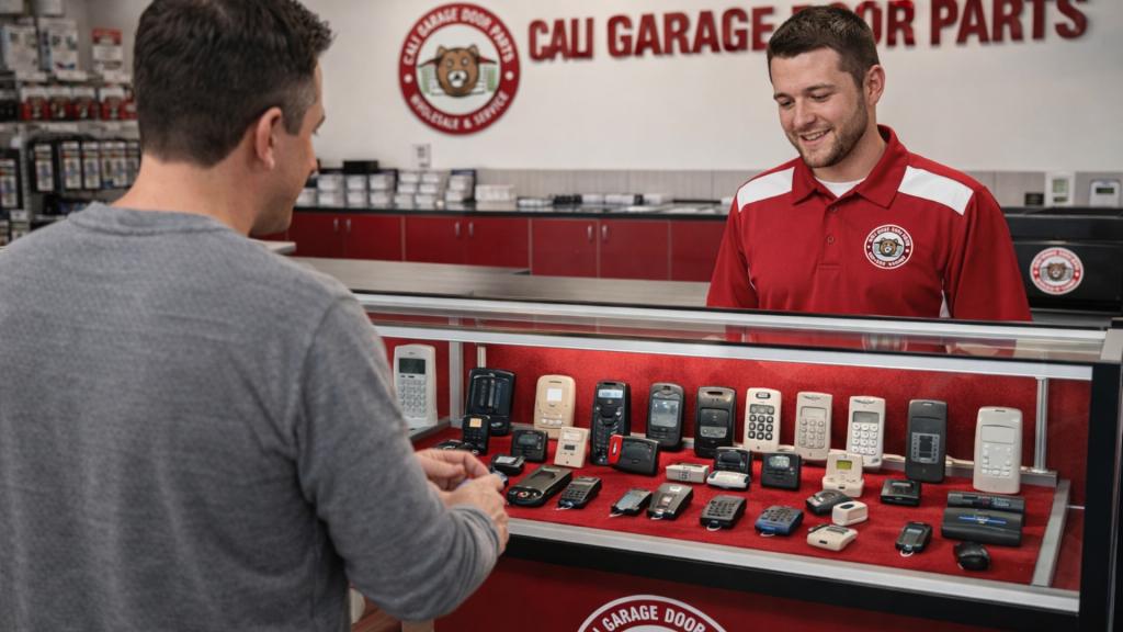 A technician assisting a customer choosing from several garage door opener remotes in a Burbank warehouse