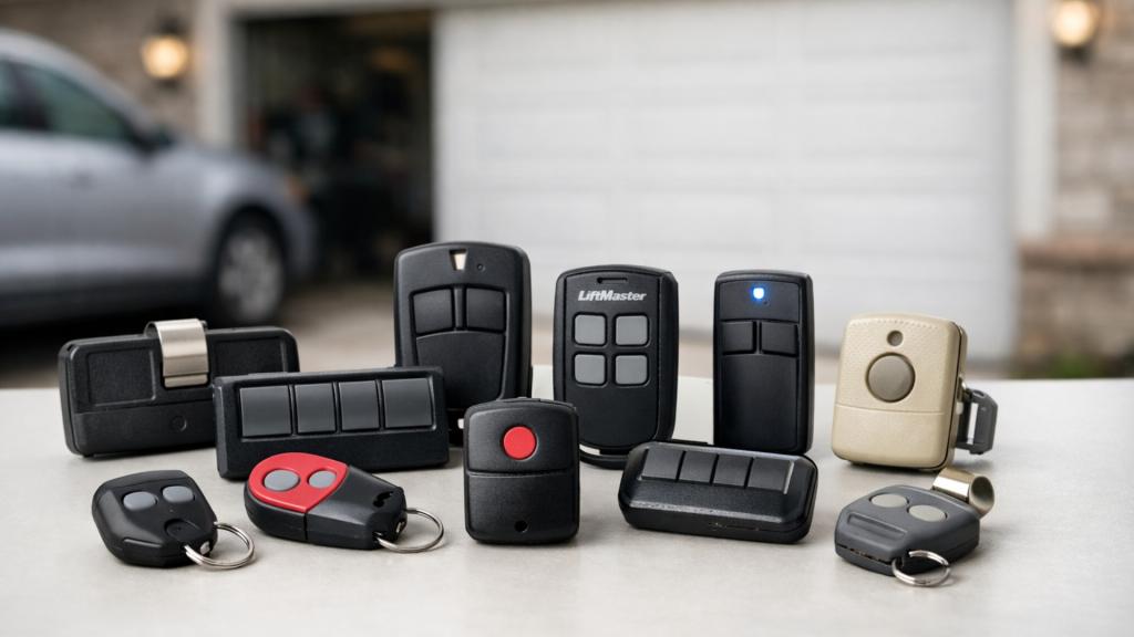 A variety of garage door opener remotes used for modern garage systems.